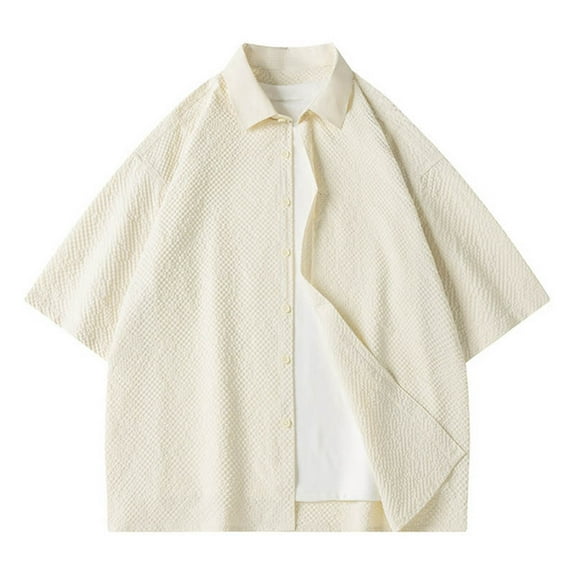 ZQUUVOU Men's Loose Short Sleeve Shirt Solid Color Turndown Collar Button Short Sleeved Beige