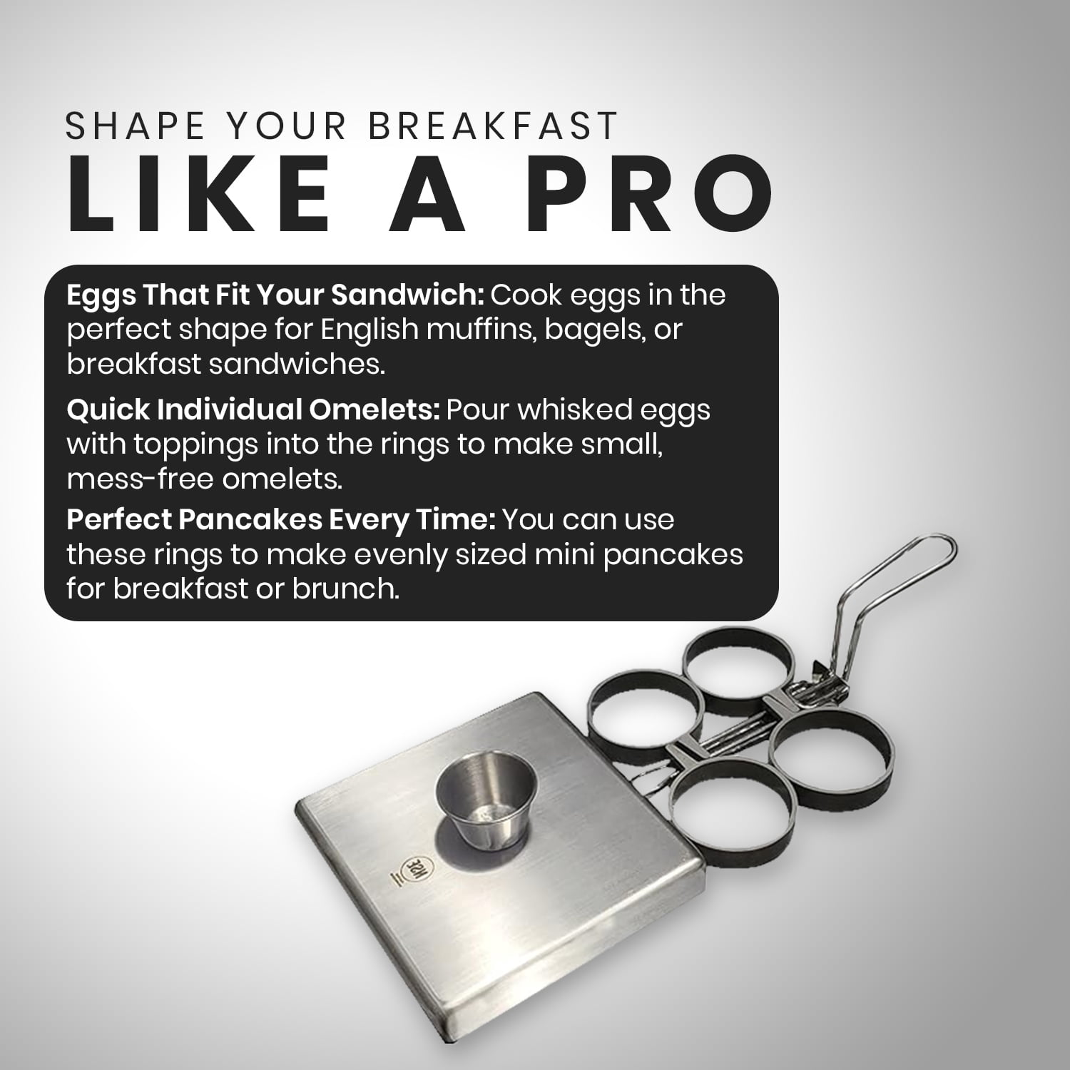 Rattleware 4-Ring Stainless Steel Egg Set with Nonstick Rings, Heat-Resistant Handle, and Cover