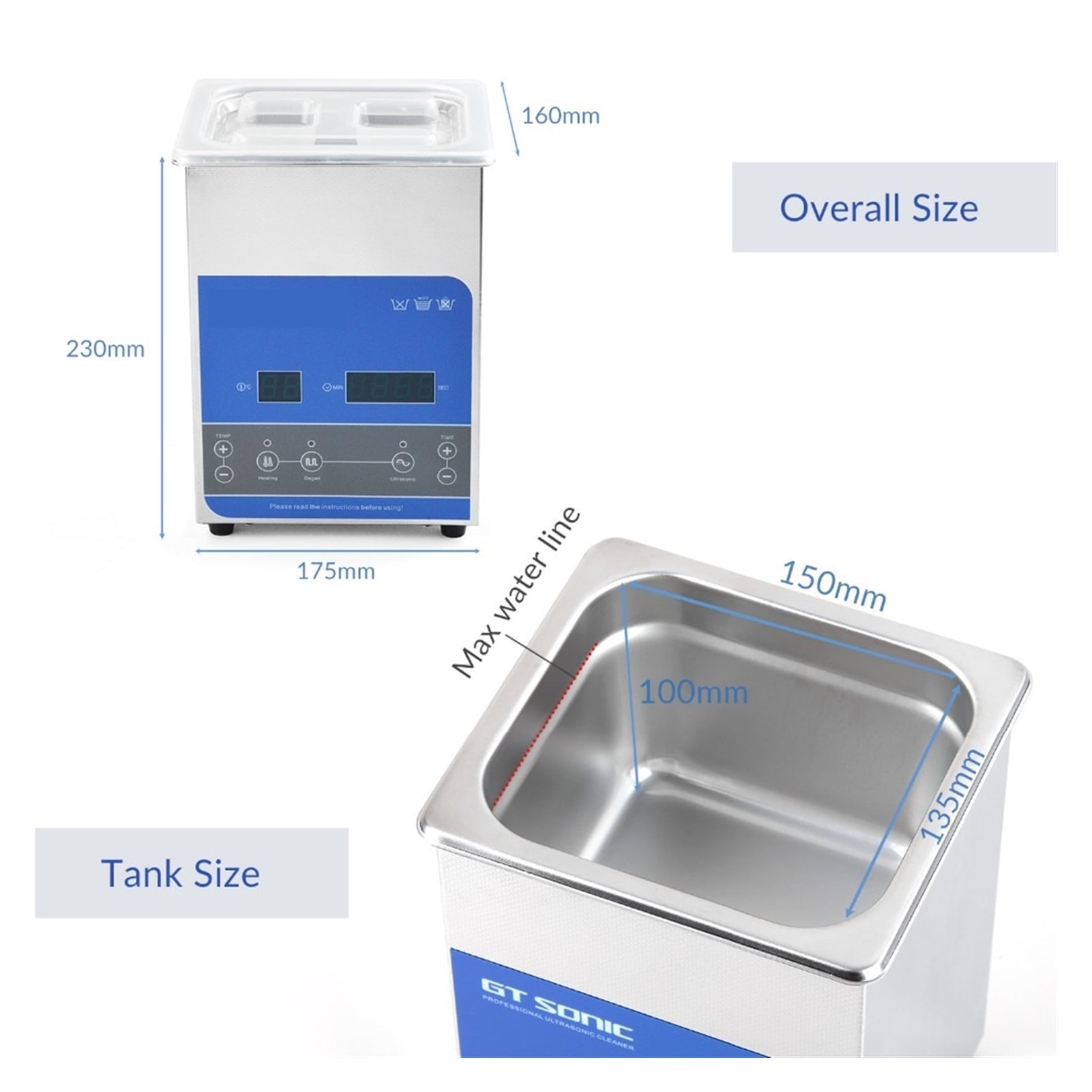 Digital Ultrasonic Cleaner Bath 2L 50W 99Min Timer Heating Degas Glasses Manicure Jewelry Ring Watches Denture Necklace ,Strong Cleaning