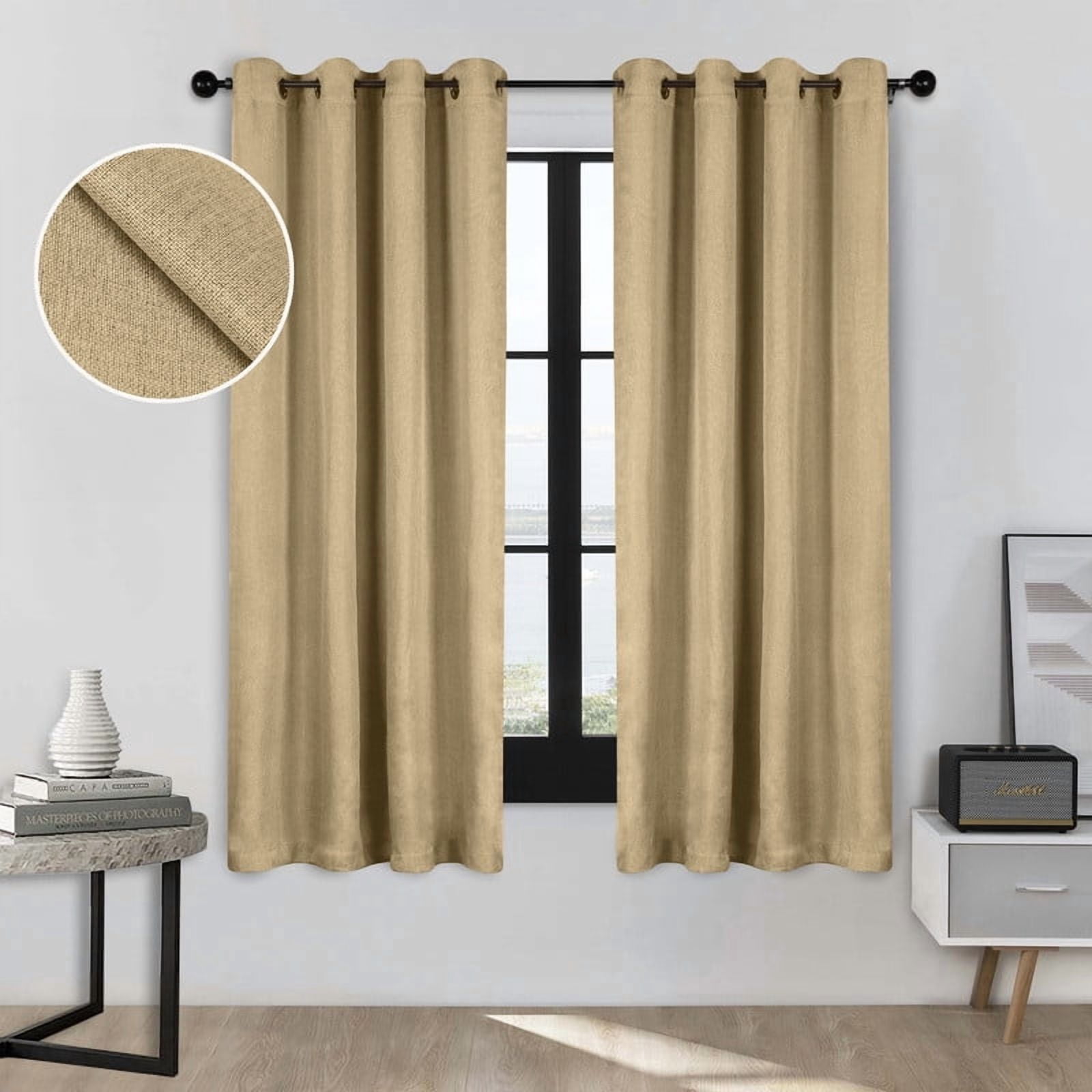 Superior Linen Blackout Curtains Set of 2, Grommet Header Curtain Panel Pair, Ivory, 52"W x 72"L