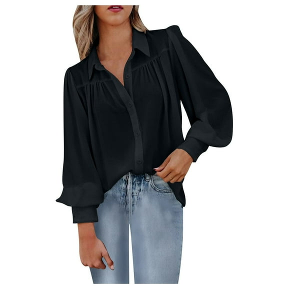 Odeerbi Shirts for Women Oversized Trendy Long Sleeve Solid Turndown Collar Button Lantern Sleeve Tops Blouse Black