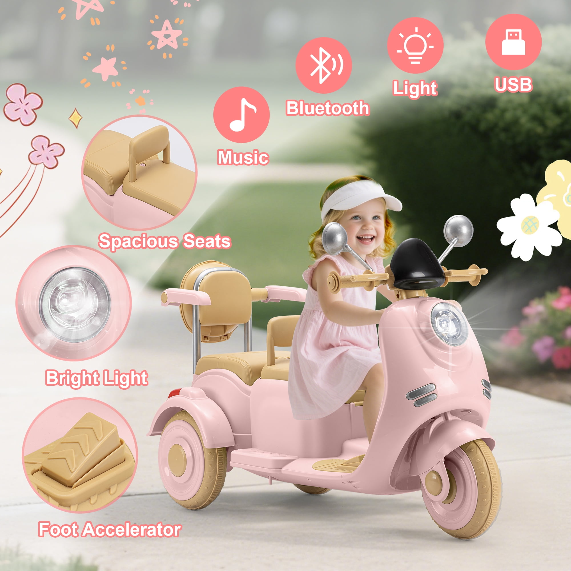 Dimedeal 12V Electric Motorcycle, Ride On Scooter for Kids, 2 Seater with Storage & Dual Motors, 3-Wheel Electric Ride On Toy for Girls Ages 3-8, Safe & Cute Design (Pink)