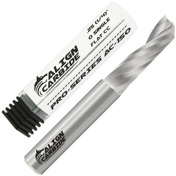 O Single Flute Router Bit, 1/4 Inch Cutting Diameter, 1/4 Inch Shank, UP Cut, Premium Solid Micro Grain Carbide, Spiral Plunge, Flat Cutting Face, CNC Router Pro-Series Item AC-150.