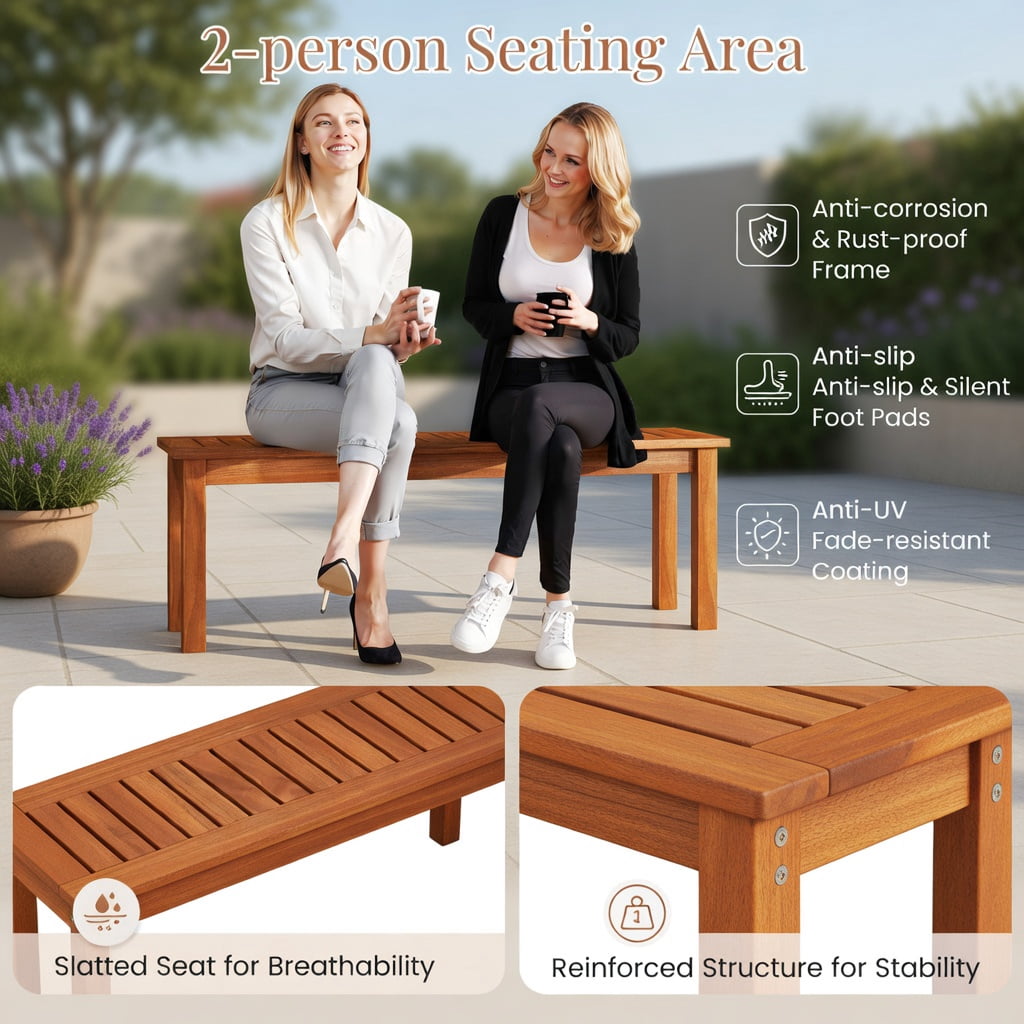 Hommoo Wood Outdoor Patio Bench for 2 People, Backless Slatted Garden Bench with Reinforced Frame, Easy 5-Minute Assembly, Perfect for Porch, Deck & Backyard, Natural