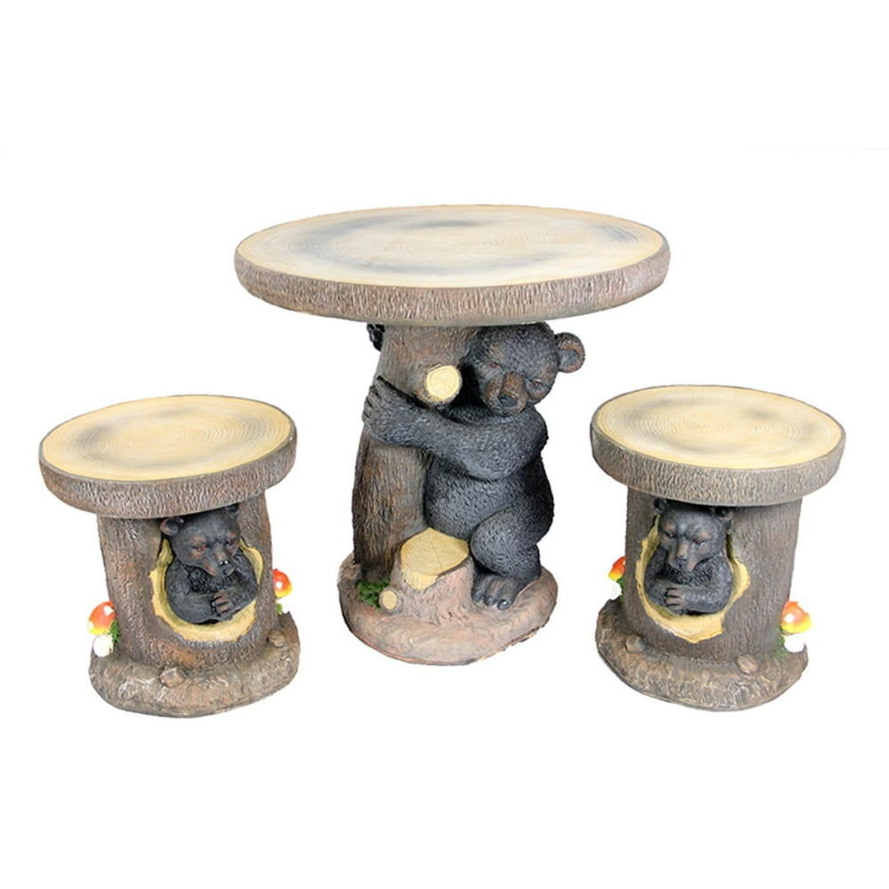 3-Piece Black Bear Hugging Tree Table & Chair Novelty Garden Patio