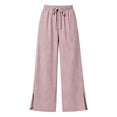 thumbnail image 4 of Gamviast Womens Striped Wide Leg Pants Elastic Waist Drawstring Side Slit Casual Palazzo Trousers with Pockets Lightweight Beach Pants for Vacation Lounge Summer Wear Wine XXL, 4 of 7