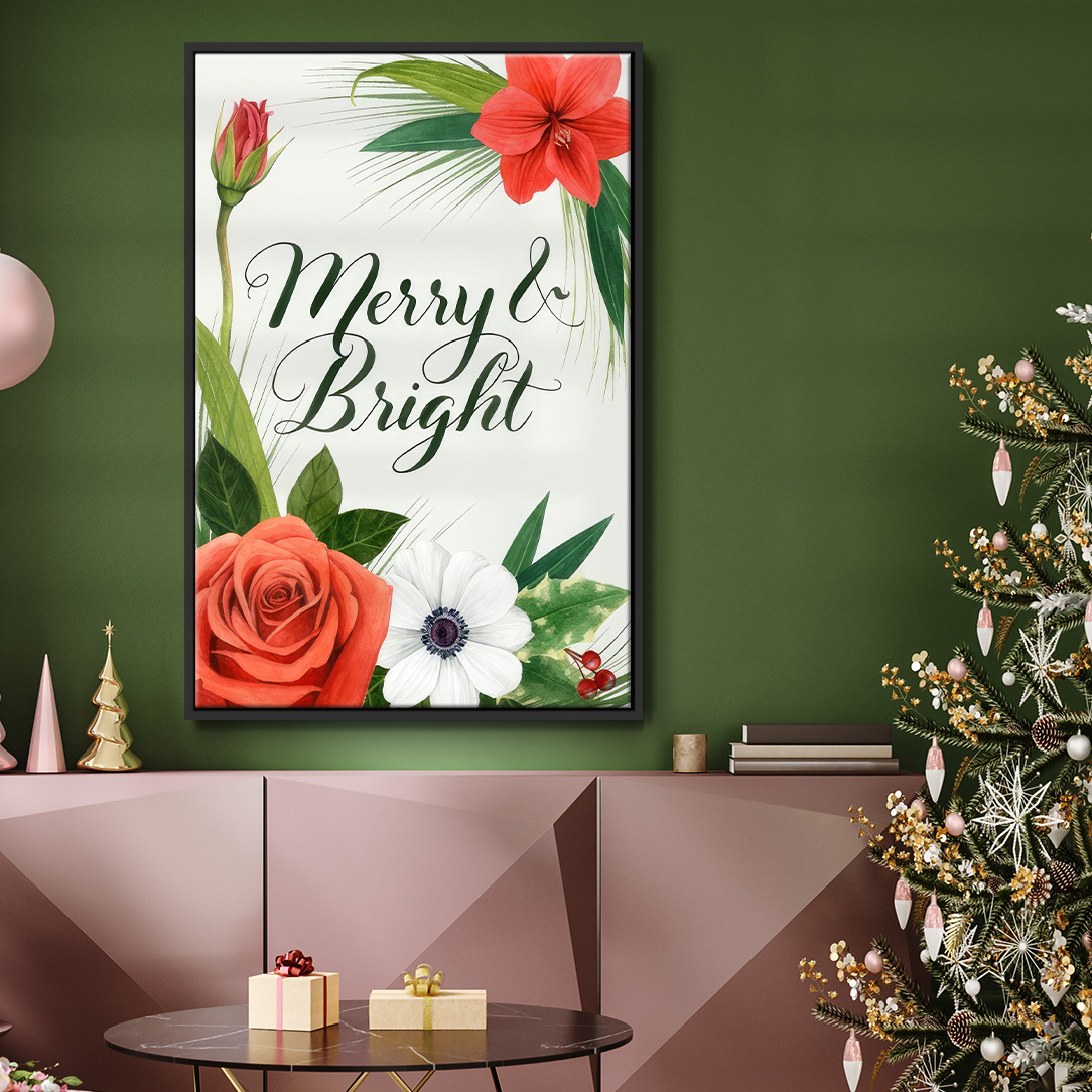 Christmas Flora Wreath Collection B - Framed Gallery Wrapped Holiday Canvas - 17 x 25 - Black Frame