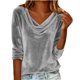 thumbnail image 4 of Hecho para Más Camisa Mujeres Elegante Drape-Delantero Plisado Cuello Oro Terciopelo Tres Cuartos de Manga Blusa, Top Casual, 4 of 8