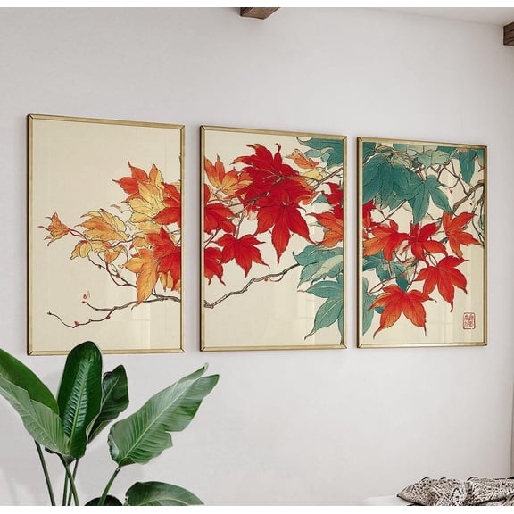 Maple Leaves Autumn Japanese Ink Prints Version 2 Set 3 Unframed Paper Print 16x24