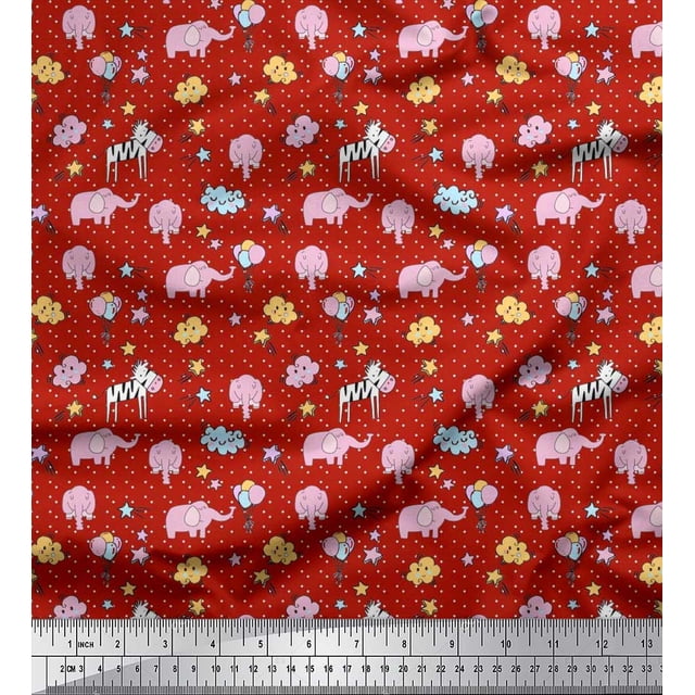 Soimoi Poly Georgette Fabric Cloud,Star & Cute Elephant Kids Decor Fabric Printed Yard 42 Inch Wide