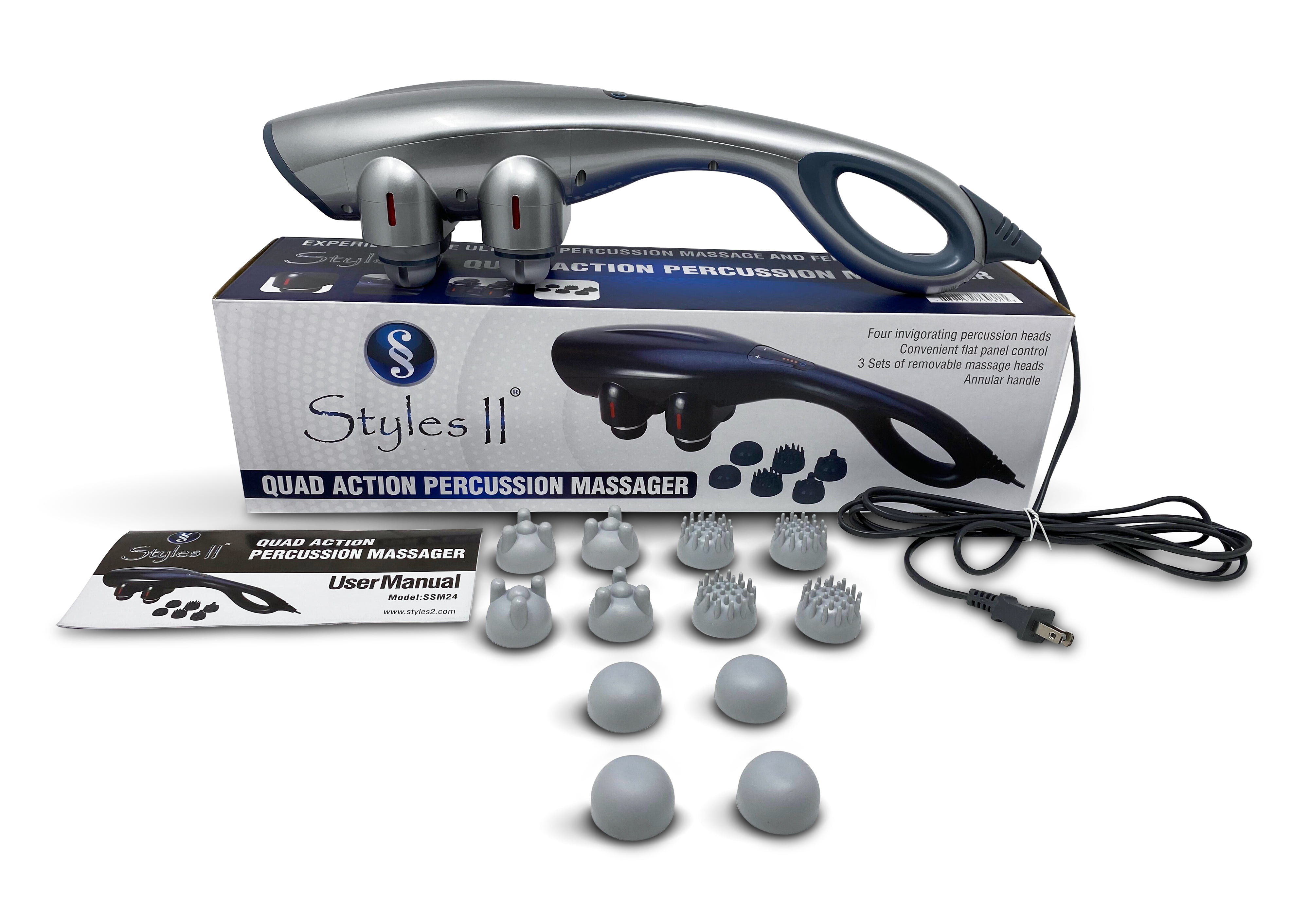 Styles II Quad Action Deep Tissue Therapeutic Percussion Body Massager with 3 Set Attachments