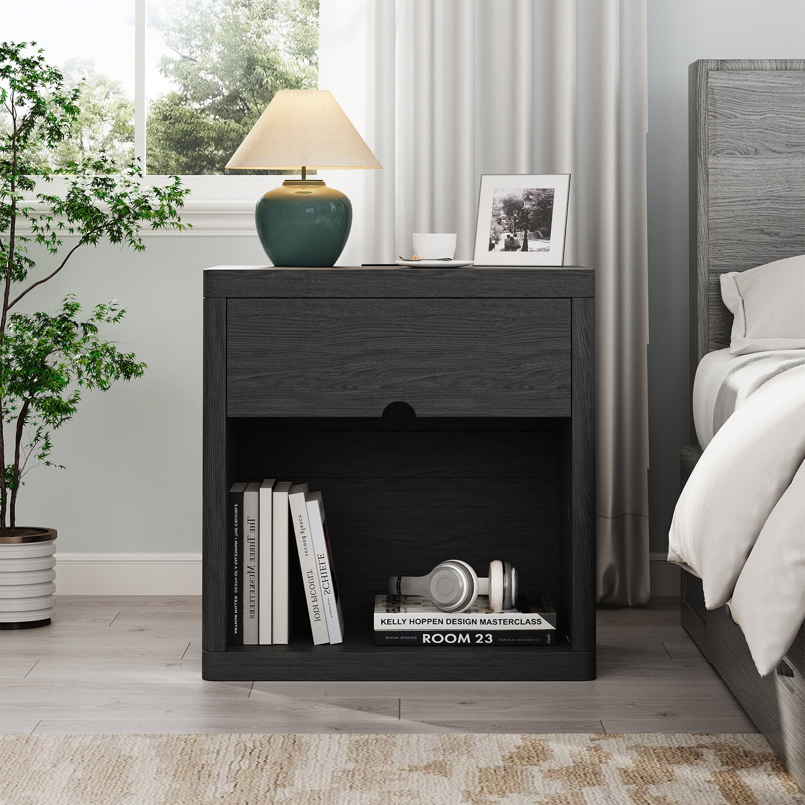 IDEALSOUL Nightstand Set of 2, Nightstand with Charging Station, 24inch Bedside Table with Curved Top Corners, Crescent Shaped Buckle, Wooden End Table for Bedroom Living Room (2pcs, Black)