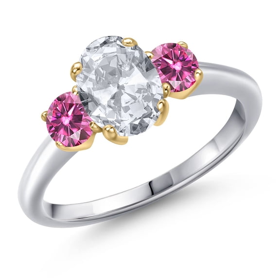 Gem Stone King 925 Silver and 10K Yellow Gold White Topaz and Pink Moissanite Engagement Ring for Women | 1.96 Cttw | Oval 8X6MM | Gemstone November Birthstone | Size 9