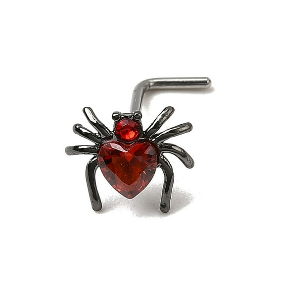 Heart Spider 316L Surgical Stainless Steel with Cubic Zirconia L-Shaped Nose Rings Gunmetal and Stainless Steel color Red Bar Length: 9/32"(7mm) Pin: 0.8mm