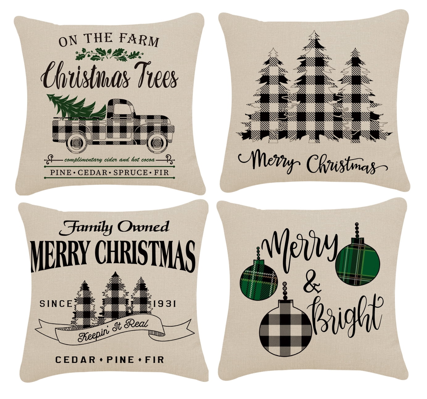 Christmas Pillow Covers Buffalo Plaid Marry Bright Christmas Throw Pillow Case Winter Holiday Farmhouse Christmas Decor Red Truck Xmas Decorations for Couch 18'x 18' 4 Pack
