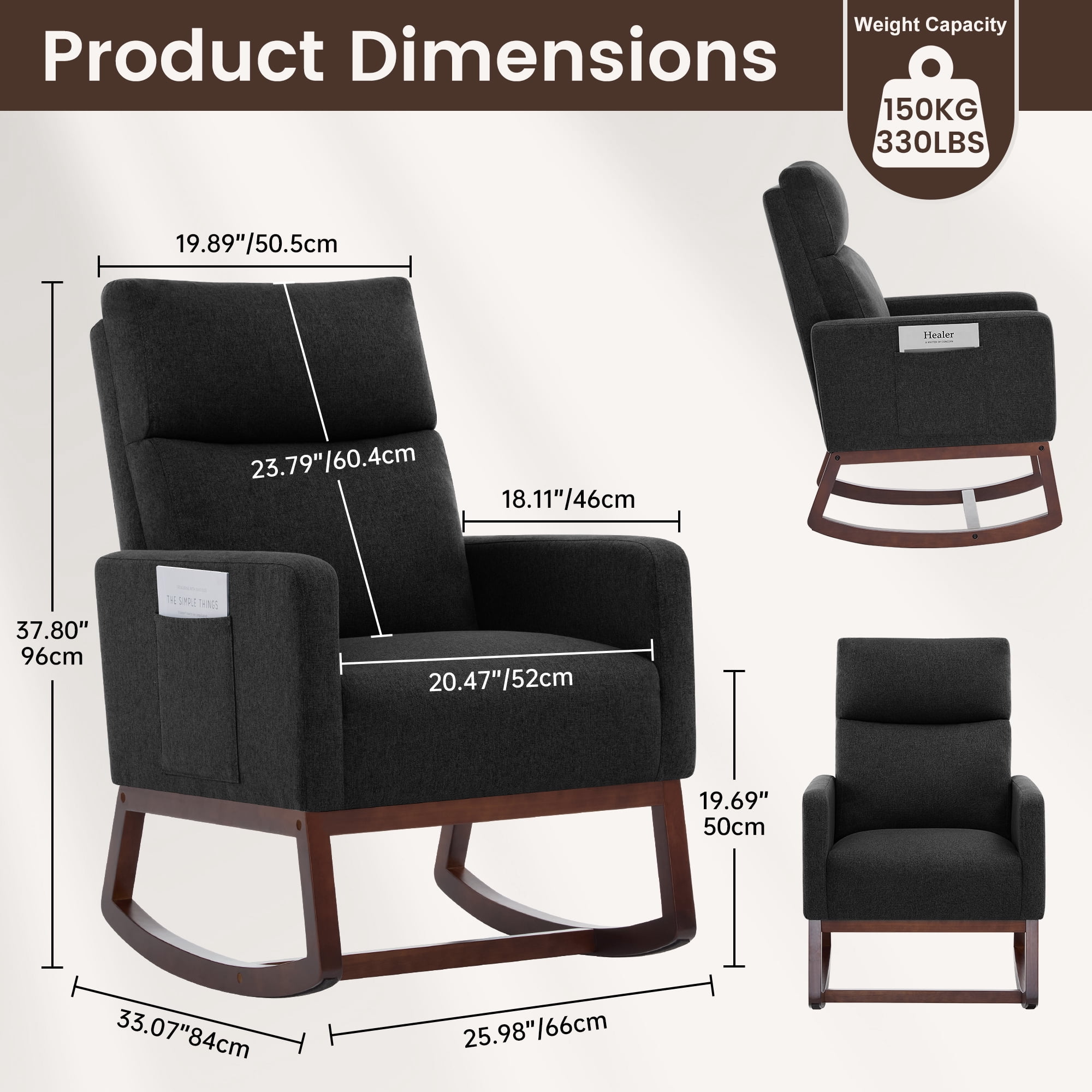 SAETSFEG Rocking Chair Nursery, Comfortable Upholstered Glider Rocker Chairs Indoor for Adults, Mid-Century Modern Nursing Accent Rockers for Living Room, Bedroom, Black