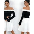 thumbnail image 3 of OYYNIIS Womens Off Shoulder Dresses Fashion Floral Trim Bell Sleeve Stretchy Fit Dress Graduation Wedding Guest Mini Short Dress, 3 of 5