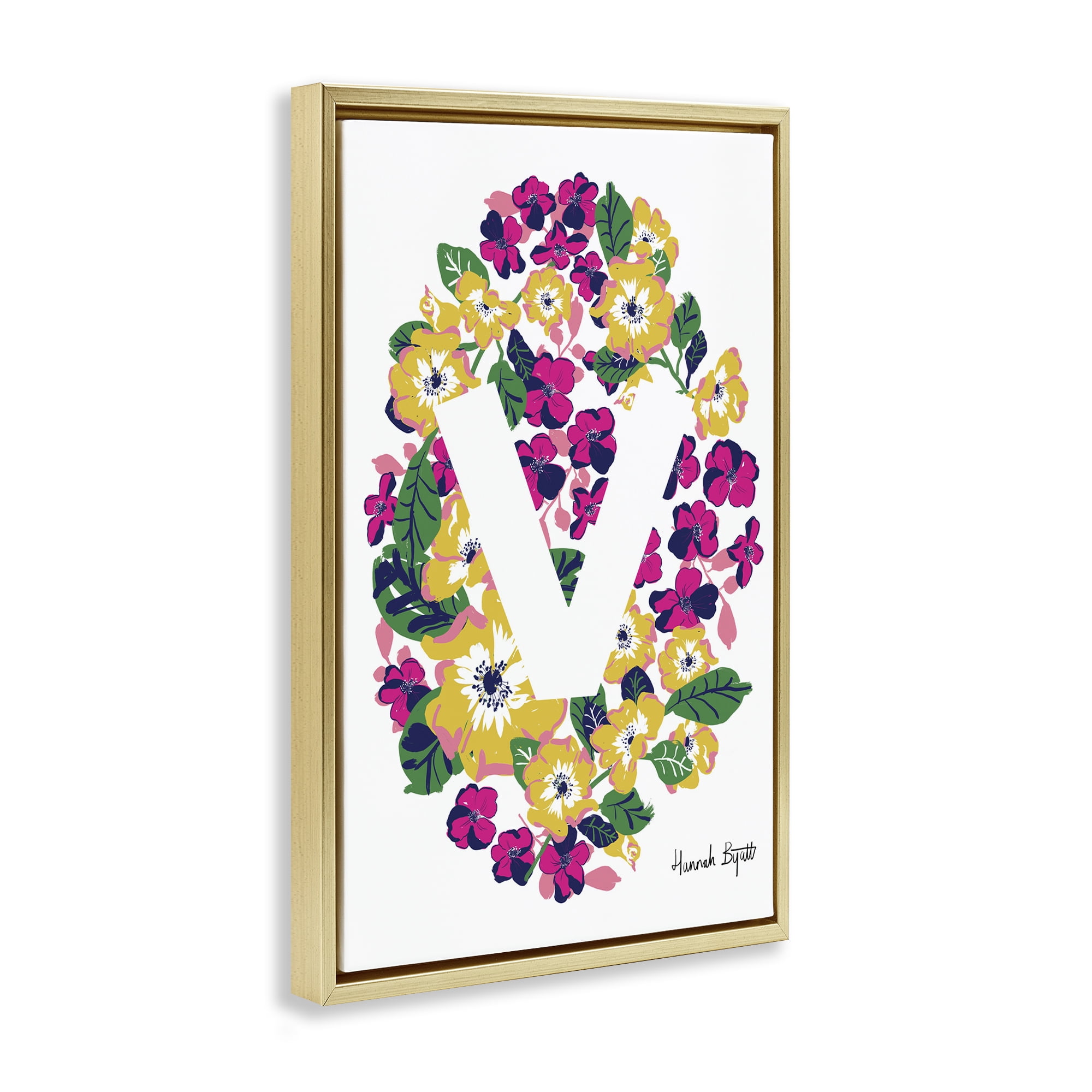 Stupell Industries Floral Bloom Letter V Botanical & Floral Painting Gold Floater Framed Art Print Wall Art, 21 x 31