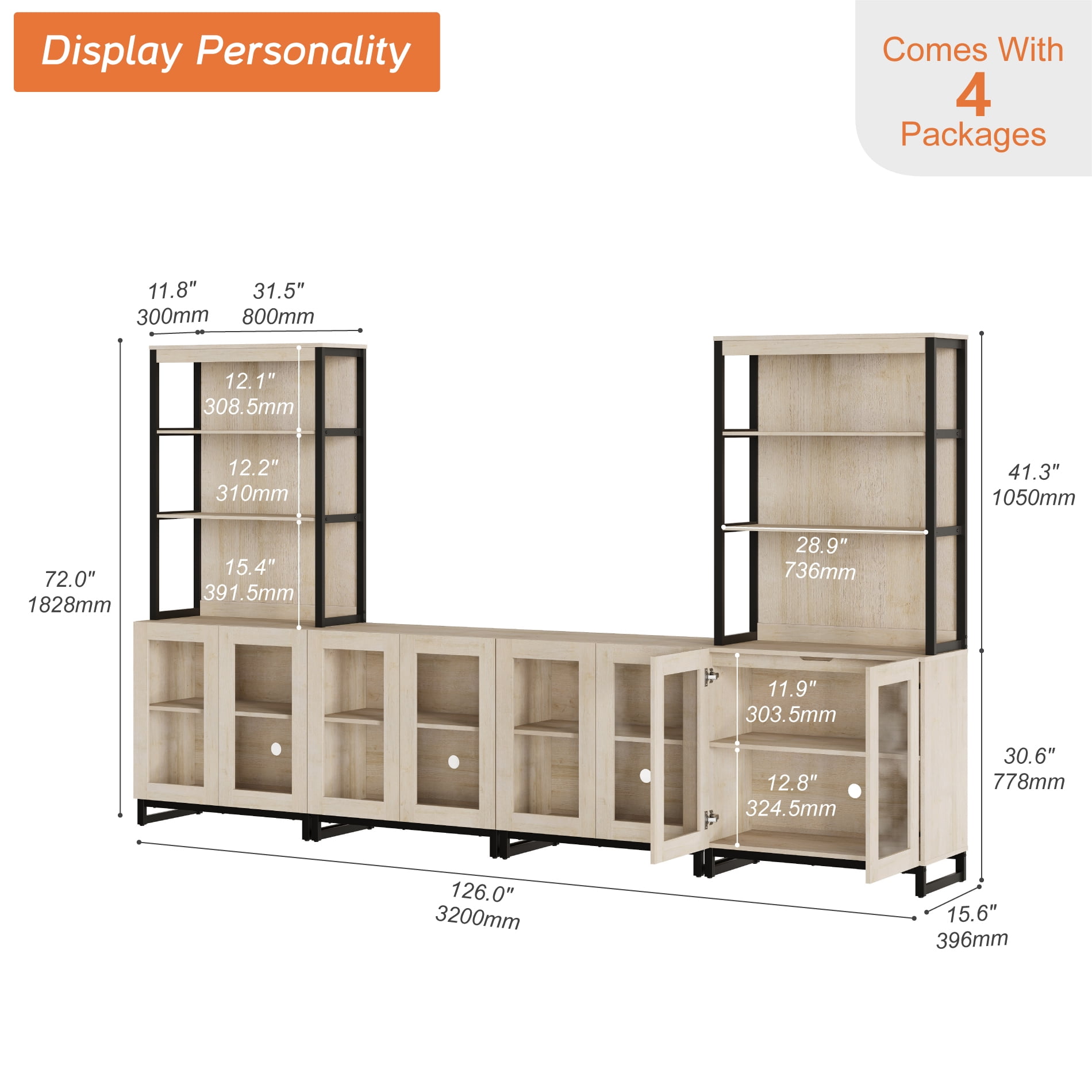 WAMPAT Modern TV Stand with 3 Tiers Bookshelf, Farmhouse Entertainment Center with 4 Large Storage Cabinets and Adjustable Shelf, Wooden Media TV Console with Glass Doors for Living Room, Beige