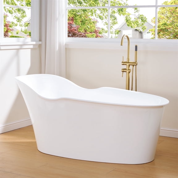 ANGELES HOME 66" Acrylic Freestanding Bathtub, Soaking White Bathtub with White Drain and Integrated Slotted Overflow Included, Glossy White