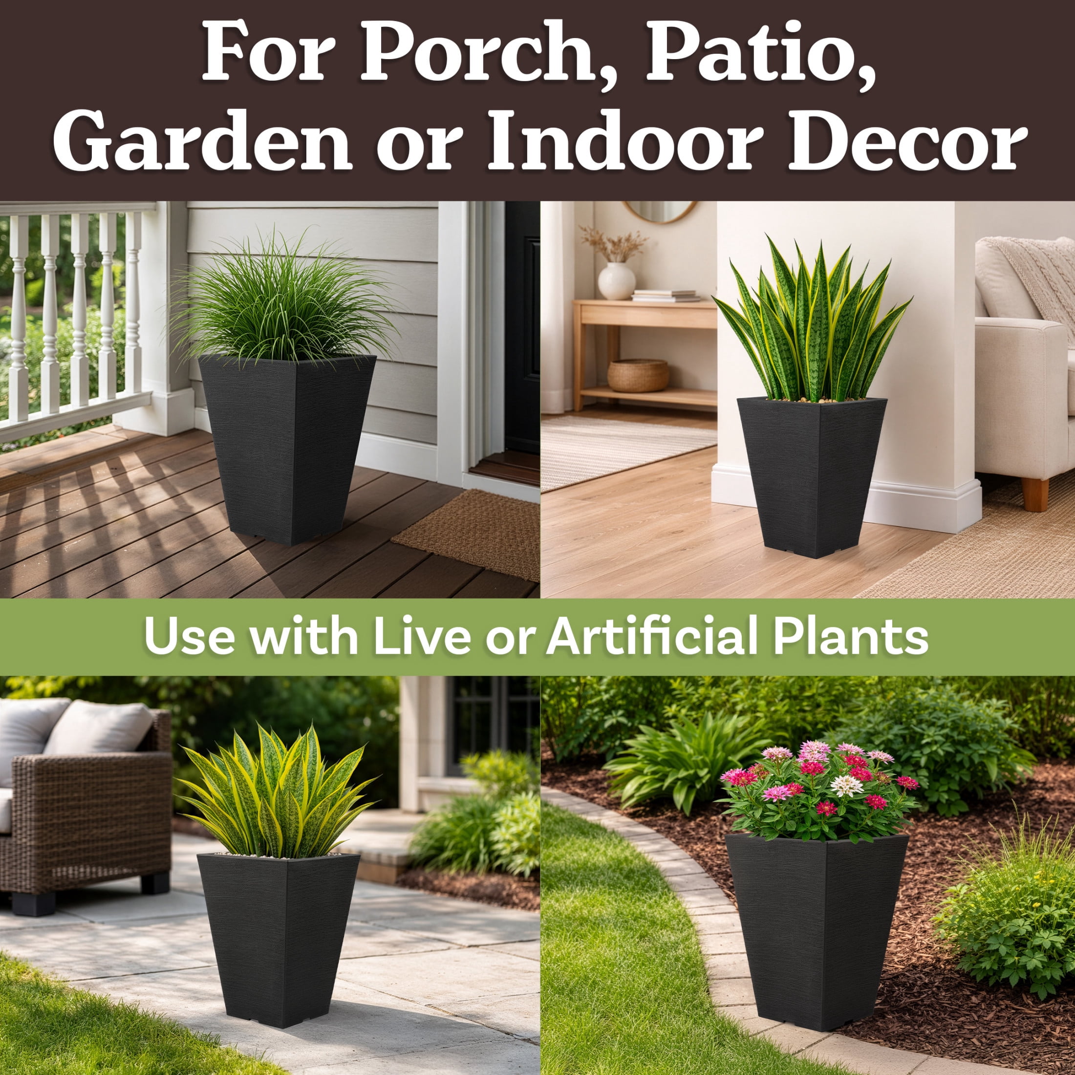 Pure Garden Large Outdoor Planters 2-Pack - 13.75” Tall Planters for Outdoor Plants or Indoors, Gray