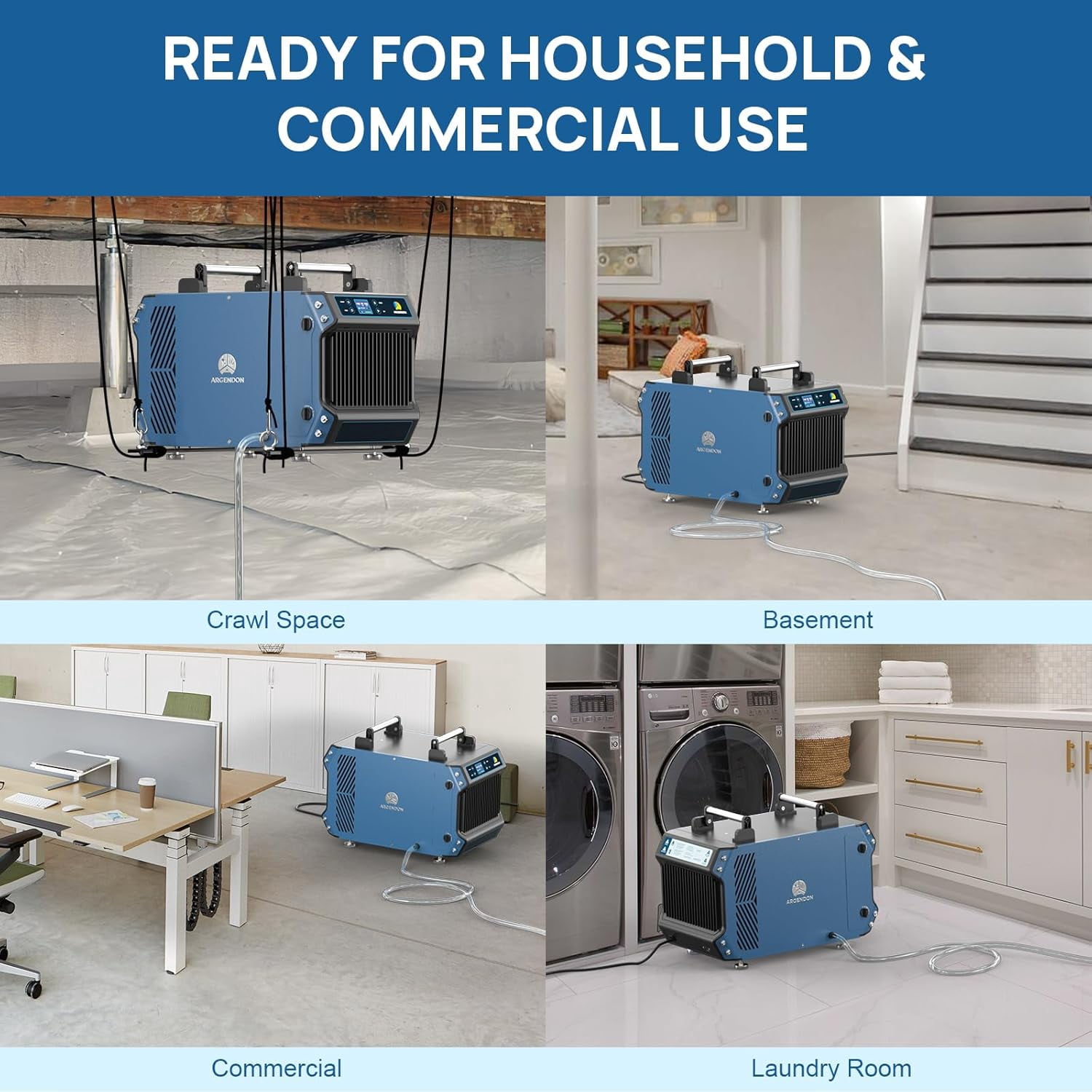 ARGENDON 145 Pint Crawl Spaces Dehumidifier with Pump,  Certified Commercial Dehumidifiers with Drain Hose for Basement, Auto Defrost, Compact,  up to 1800 Sq.Ft