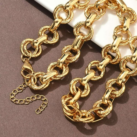 304 Stainless Steel Textured Double Ring Link Chain Necklaces Ion Plating(IP) Golden 17.72 inch(45cm)
