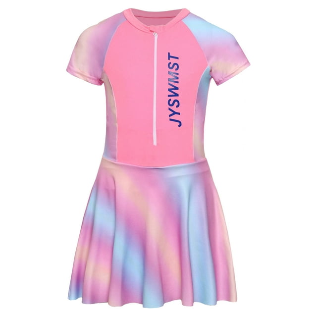 TiaoBug Short Sleeve Swimsuit for Girls Front Zippy Padded Beachwear Swim Dress UPF50+ Rash Guard Gradient Pink 160/XXL