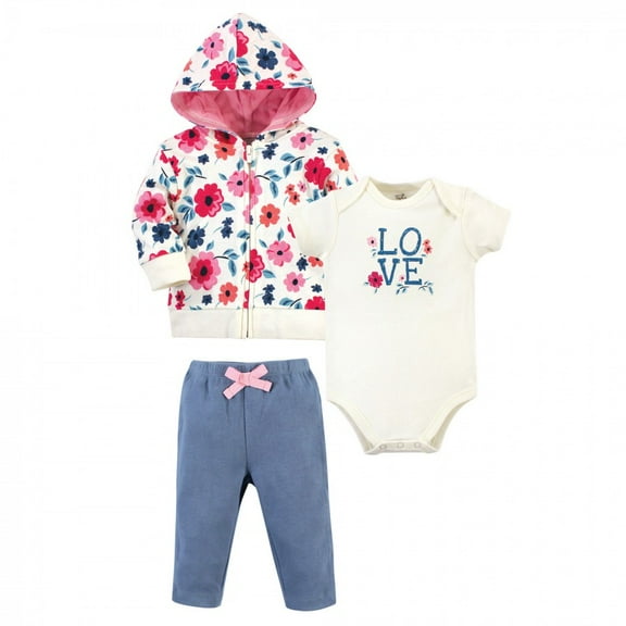 Touched by Nature Baby and Toddler Girl Organic Cotton Hoodie, Bodysuit or Tee Top, and Pant, Garden Floral, 0-3 Months