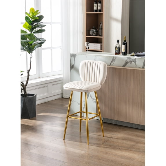 Accent Chair Velvet Upholstered Bar Stool Chair with Sturdy Metal Legs and Footrest,Counter Height Chair with Soft Back for Living Room Dining Room Bedroom Office Room, Ivory