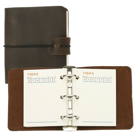A9 Leather Journal, 3 Ring Notebook Binder Planner Loose Leaf 60 Sheets Paper Refillable for Business Office Study Writing, Dark Brown