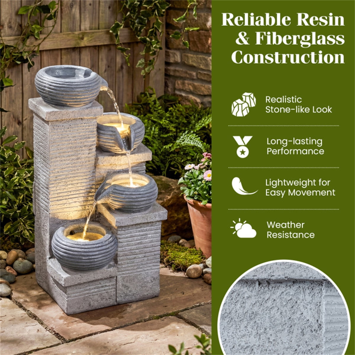 TENGDA Gray 4 Tier Cascading Resin Water Fountain Indoor Outdoor Decor With Warm LED Lights