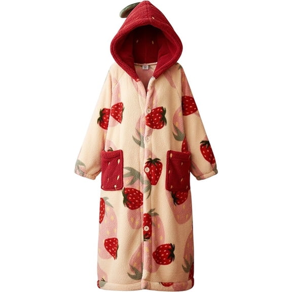 Plush Hoodie Robe for Women Cute Strawberry Warm Hooded Bathrobe Winter Fuzzy Pajamas Sleepwear Loungewear