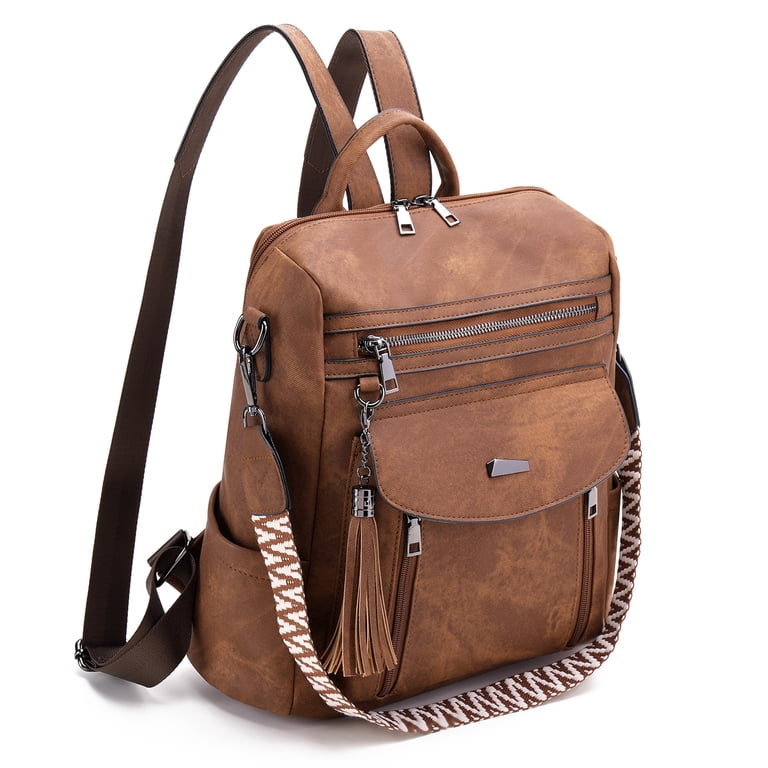 Women’s Leather PU Travel Backpack Purse with Tassel - Brown PU Leather Vintage Backpack Wallet For Women, Multi-Function  main image 3