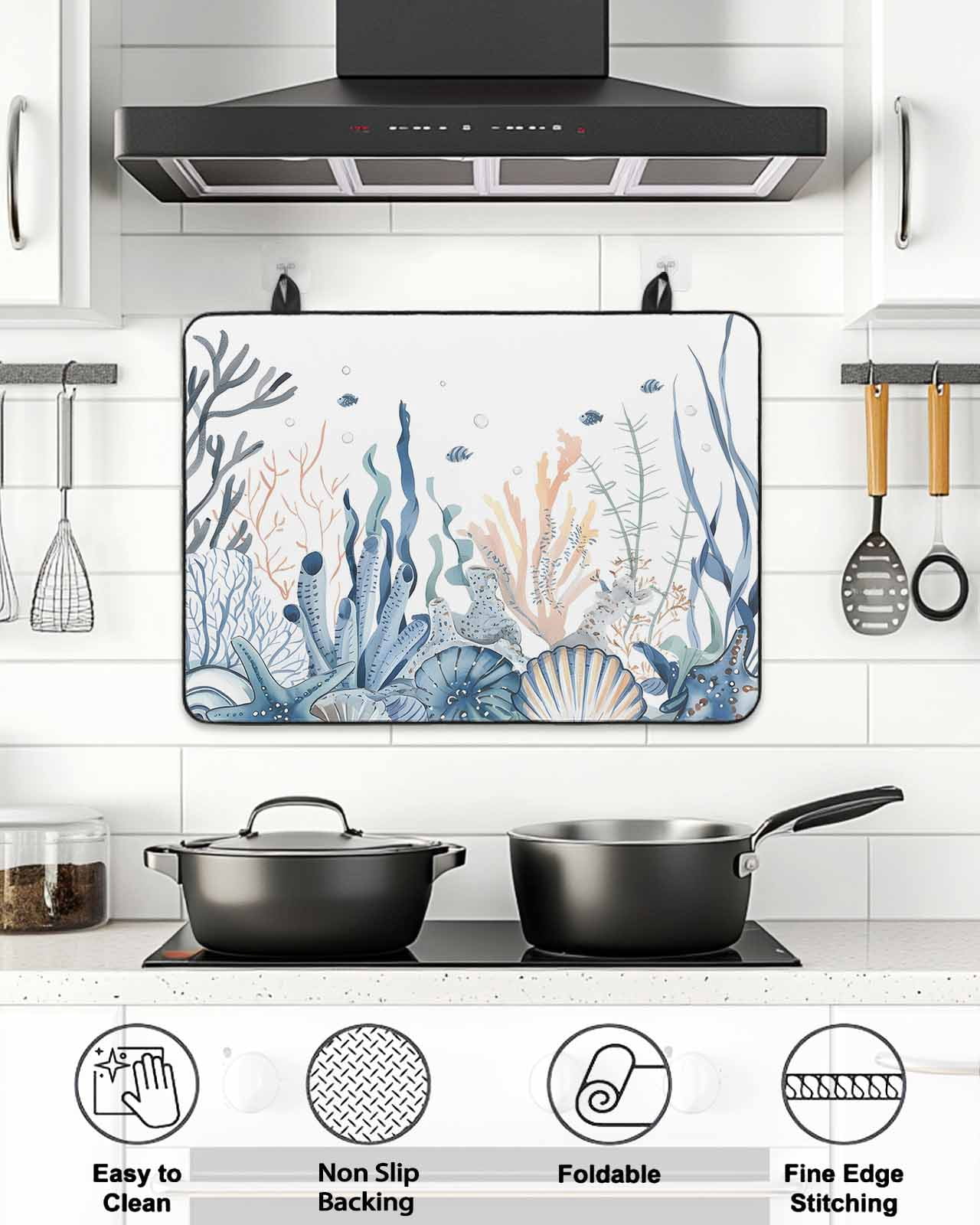 Stove Top Covers for Electric Stove, Summer Coastal Coral Glass Stovetop Cover Protector, Blue Ocean Conch Shell Blue Induction Cooktop Protector Oven Mat for Kitchen Countertop 24"x21"