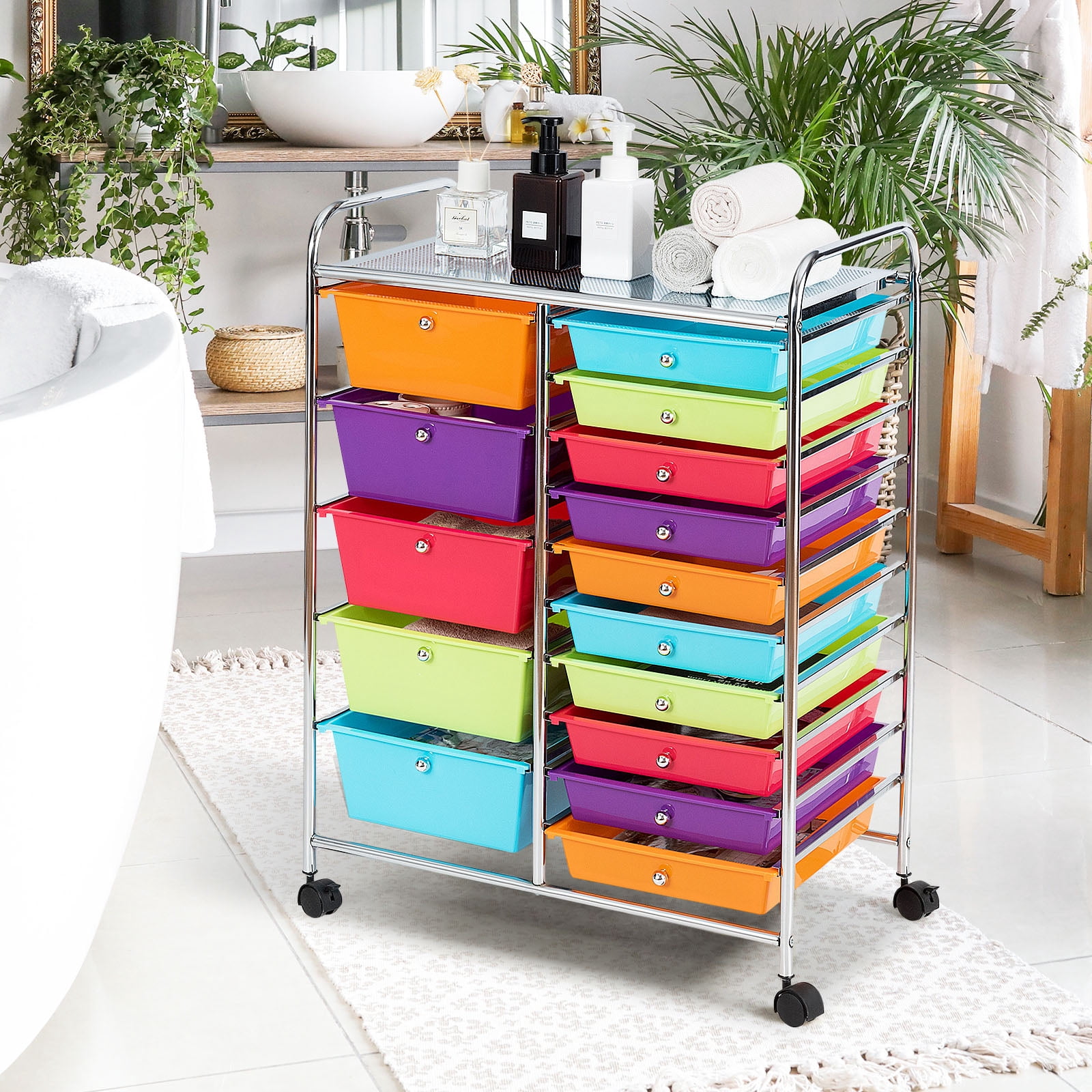 Costway 15-Drawer Rolling Storage Cart Mobile Organizer with Lockable Wheels Multicolor