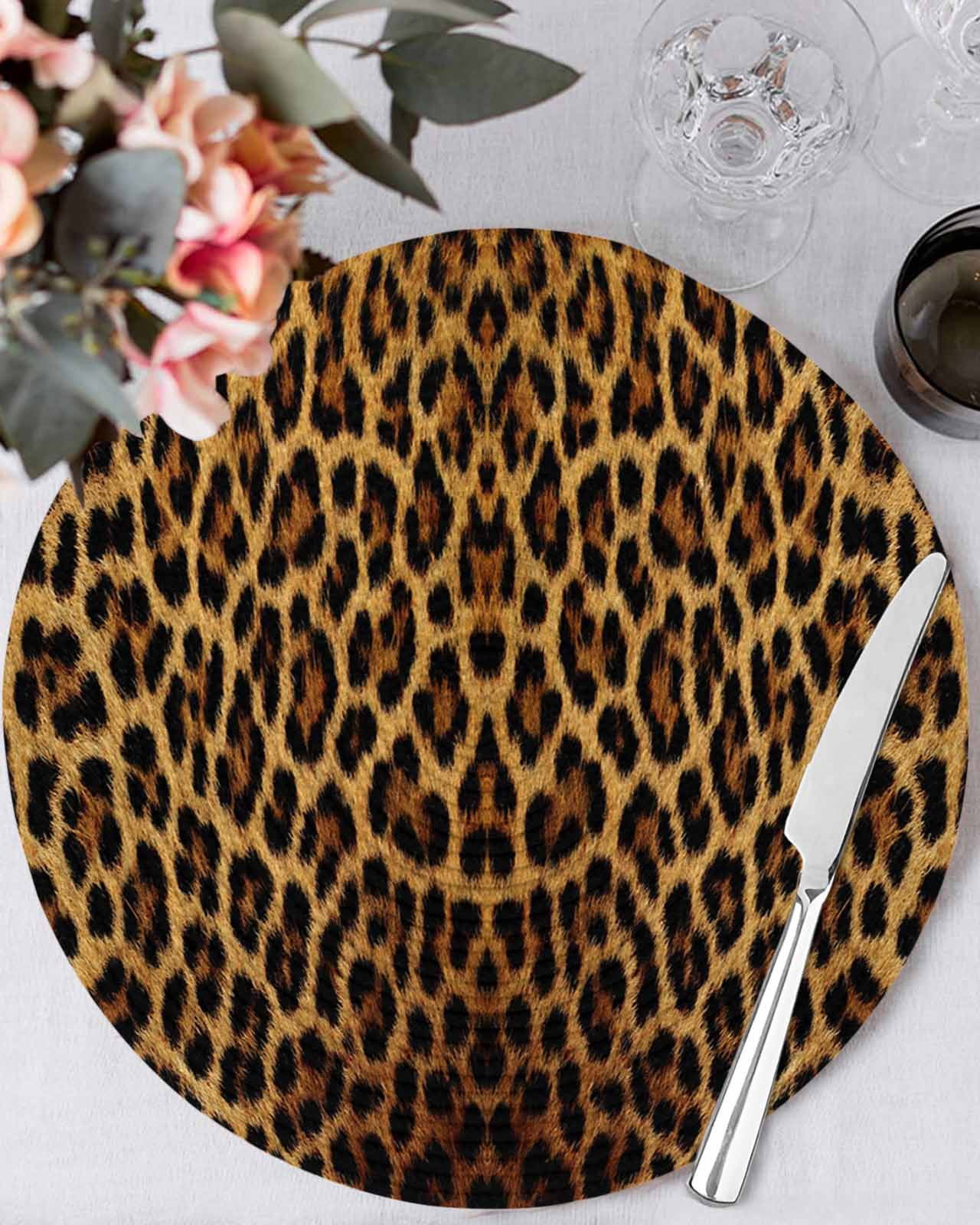 Brown Retro Leopard Print Round Table Placemats set of 4, Abstract Animal Texture Washable Woven Place Mats for Dining Tables Kitchen Party Decor,Heat Proof, 15in,
