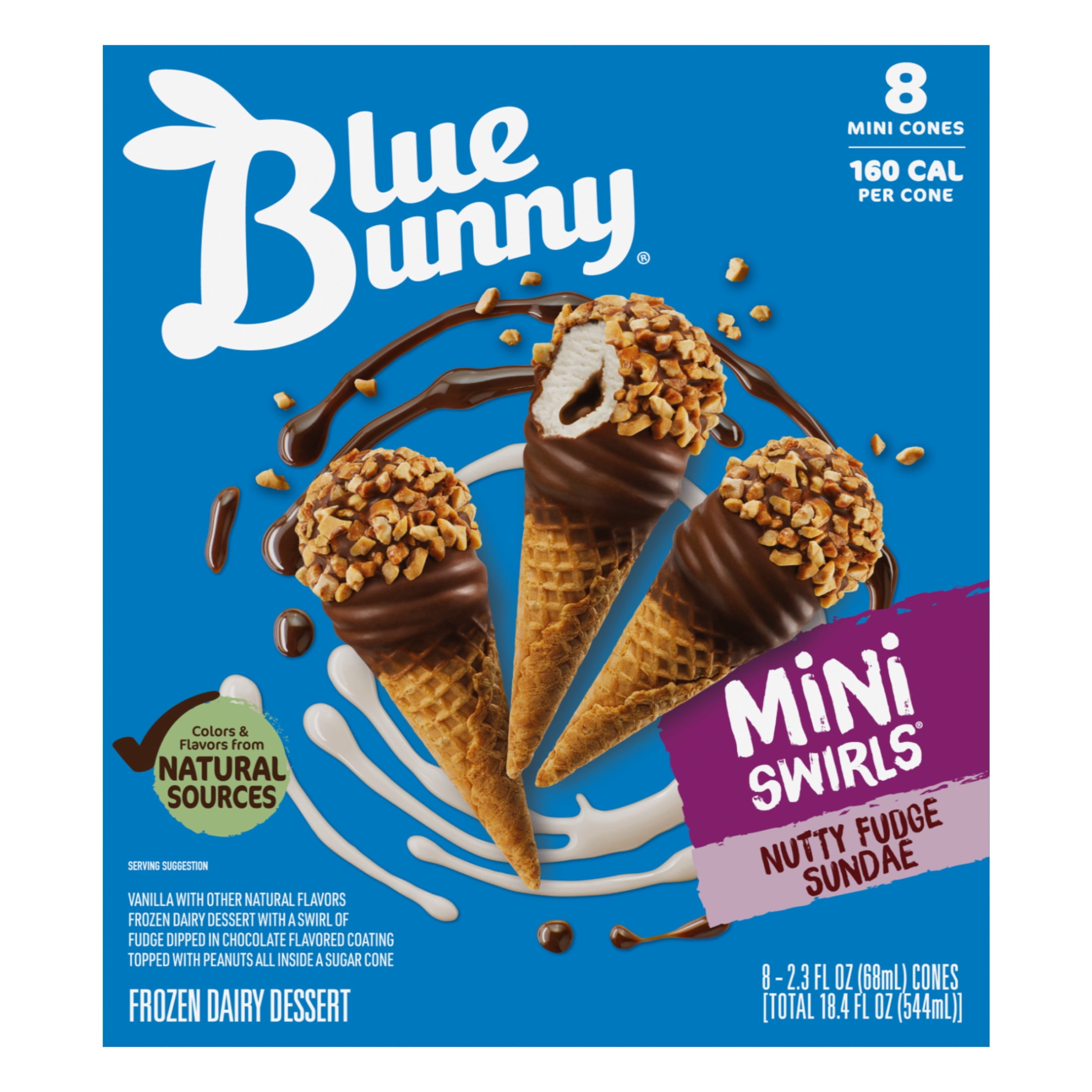Blue Bunny Mini Swirls Nutty Fudge Sundae Cones Frozen Dessert, 8 Pack