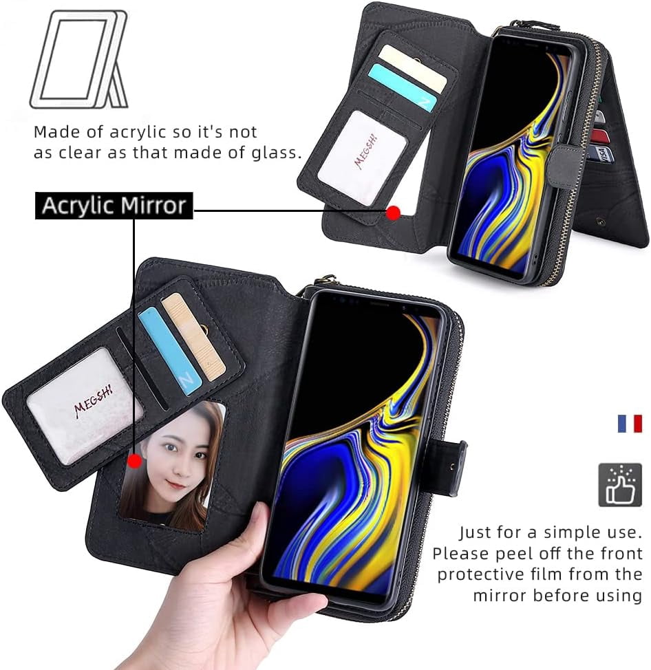 Phone Case for Samsung Galaxy Note 9 Zipper Wallet Detachable Cover with Tempered Glass Screen Protector and Leather Flip Mirror Card Holder Cell Accessories Note9 Not S9 Women Men Black
