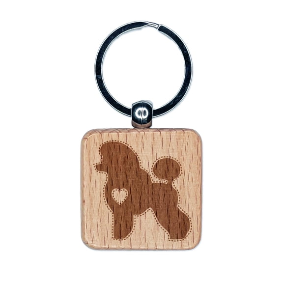 Miniature Poodle Dog with Heart Square Keychain Charm Tag - Engraved Wood