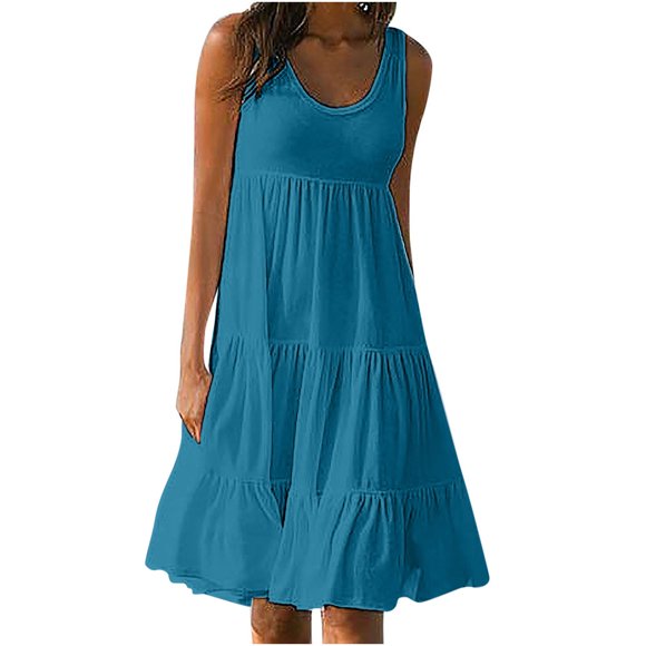 zanvin Womens Swing Loose T Shirt Dress Casual Crewneck Sleeveless Flowy Plain Summer Dresses, Blue, M