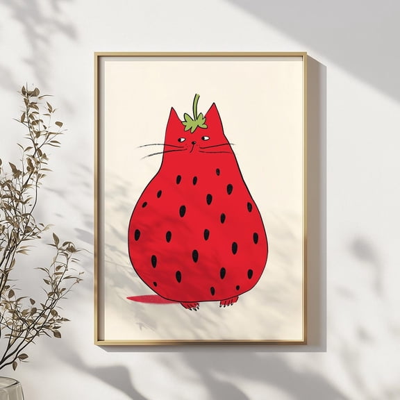 Miluva Strawberry Cat Art Print, Cute Red Cat Illustration, Fruit Animal Wall Decor, Quirky Cartoon Poster, Gift For Cat And Art Lovers ,Decor For Living Room Bedroom, 8x12 UNFRAMED