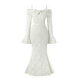 thumbnail image 2 of ZHOGXU Big Kids Girls Dress Flared Sleeve Off Shoulder Lace Detail Solid Color Comfortable Stylish Dresses For Party And Performance White 7-8 Years, 2 of 9