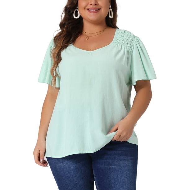 Blusa de verano de gasa con cuello en V y mangas acampanadas para mujer de tallas grandes Agnes Orinda 3X verde claro
