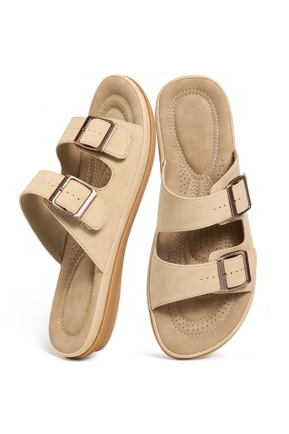 Womens Flat Sandals Dressy Summer Comfortable Double Buckle Slip-On Slides Beach Shoes for Walking