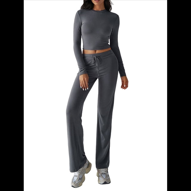 Conjuntos de 2 Piezas para Mujer, Larga, Cuello Redondo, Pantalones Acampanados de Cintura Alta, Conjuntos de Chándal, Ropa de Calle. Gris Oscuro L