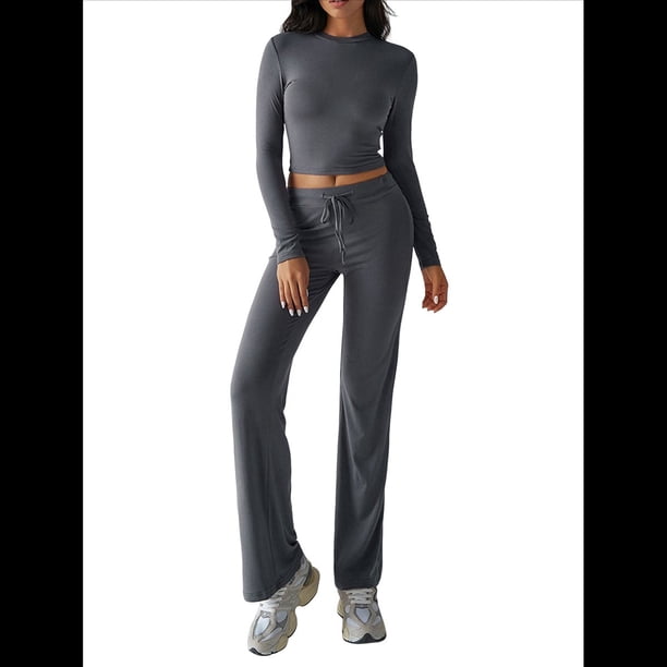 Conjuntos de 2 Piezas para Mujer, Larga, Cuello Redondo, Pantalones Acampanados de Cintura Alta, Conjuntos de Chándal, Ropa de Calle. Gris Oscuro XL