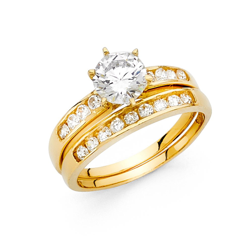 14k Solid Yellow Italian Gold Wedding Band Bridal Solitaire Engagement Ring Set 
