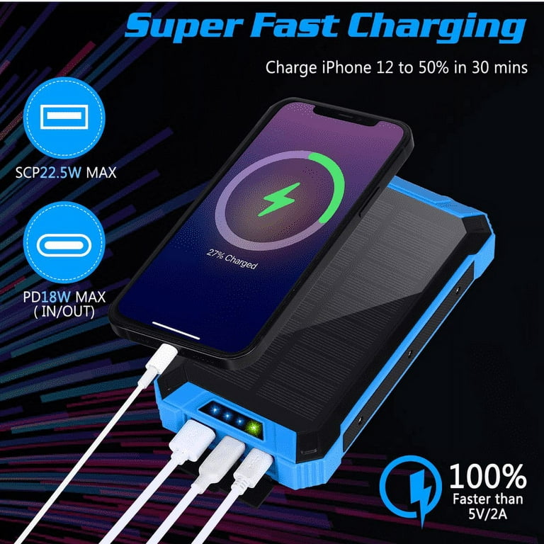 Portable Charger with Built-in Cables 30000mAh Solar Power Bank Fast Charge  Battery Pack with 4 Outputs 3 Inputs,LED Flashlights,Solar Phone Charger