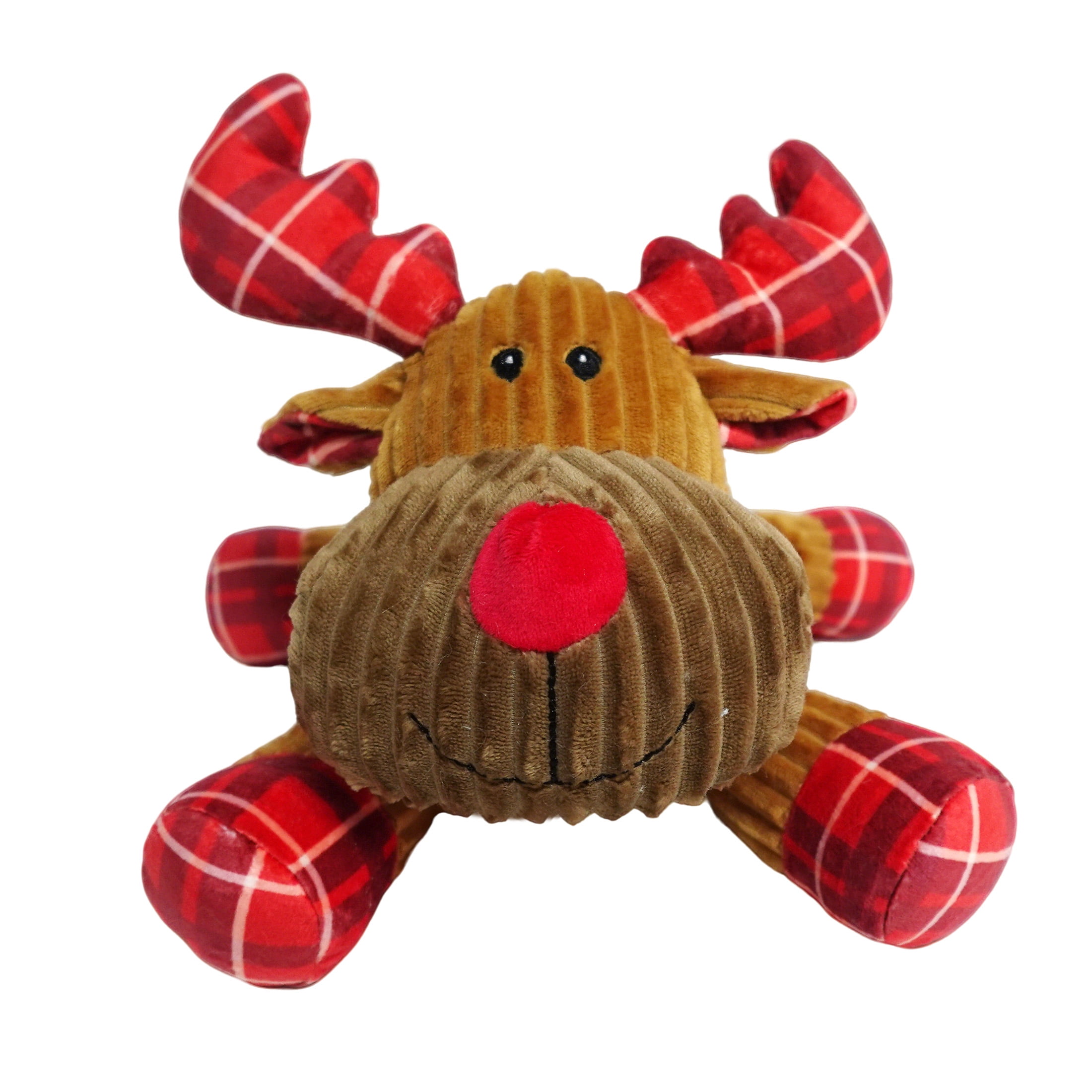 Vibrant Life Holiday Plaid Reindeer Plush Dog Toy with Squeaker, Brown and Red, Chew Level 3